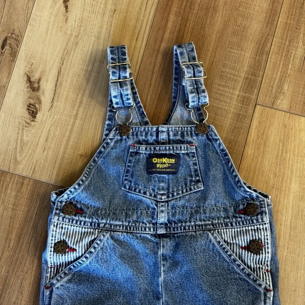 Vtg OSHKOSH 24 Month Toddler Railroad Stripe Pocket Vestbak Overalls Snaps Y2K